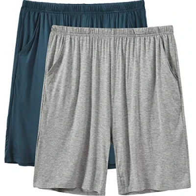 Afbeelding van MoFiz Pyjamabroek voor heren, modal, zachte broek met zakken, Kort Blauw/Grijs, M