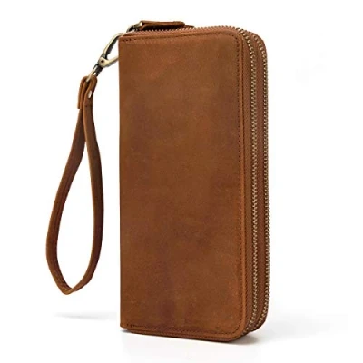 Afbeelding van Heren Lederen Clutch Tas Dubbele Rits Portemonnee 4 Tussenlaag Rondom (Brown 2)