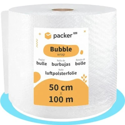 Afbeelding van packer PRO Luchtkussenfolie, 50 cm breedte (A) en 100 m lengte (L) luchtkussenpapier, ideaal voor verhuizingen, verpakking verzending