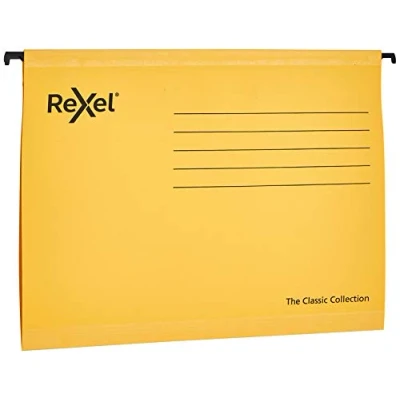 Afbeelding van Rexel Klassieke A4 versterkte ophangvijlen voor archiefkasten, 15 mm V basis, 100 procent gerecycleerde kaart, geel, 25 stuks 2115588