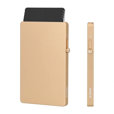 Afbeelding van Valenta Ultradunne Pasjeshouder MagSafe Uitschuifbaar zacht goud minder dan 8 mm dun geschikt voor / alle iPhones vanaf serie 12 sterke Magnetische Kaarthouder Aluminium RFID NFC EXTRA kaartbeveiliging maximaal 5 kaarten