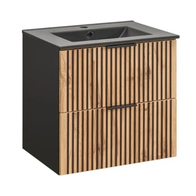 Afbeelding van Lomadox Badkamermeubel wastafel 60 cm antraciet met eiken Nb. zwart gegroefd onderkast keramische 60x59,5x46 (BxHxD)