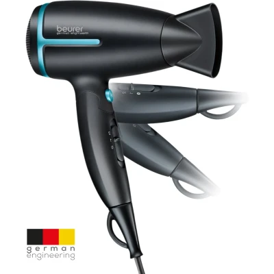 Afbeelding van Beurer HC 25 Reisföhn Compact Inklapbaar Wereldwijd gebruik Ionische haardroger 1600 Watt Zwart/aqua 3 Jaar garantie