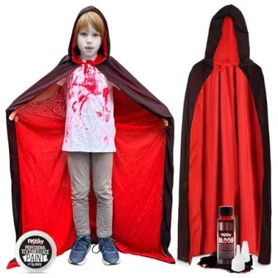 Afbeelding van Festicy Vampier Cape &amp; Schminkset Halloween Kostuum voor Dames en Kinderen met Vampiertanden, Witte Theatermake up 25 ml Nepbloed Ideaal een Vampierkostuum