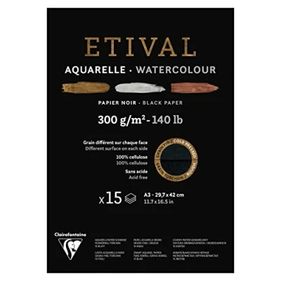 Afbeelding van Clairefontaine Ref 975319C Etival Cold Pressed Black Aquarel Schilderij &amp; Tekening Pad (15 Vellen Paper) A3 (42 x 29,7cm) 300gsm Cellulose Art Paper