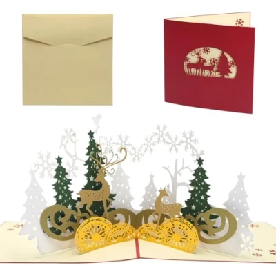 Afbeelding van YDHfdc kerstkaarten met Envelop Set 3d kerstkaart Pop up kaart Xmas handgemaakt voor Kerstmis, vrouwen en mannen (herten)