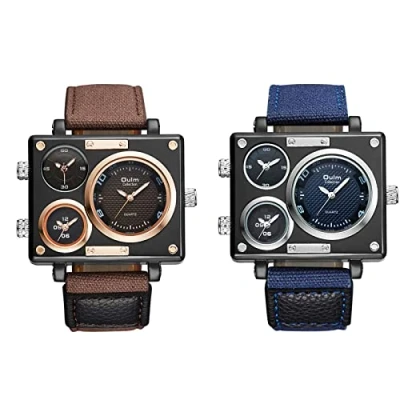Afbeelding van JewelryWe Mens Militaire Horloge Drie Tijdzone Grote Vierkante Quartz Casual Sport Lederen Horloge, 2 Stuks