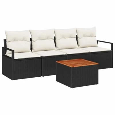 Afbeelding van vidaXL 5 delige Tuin Sofa Set met Kussens Zwart Poly Rattan Acacia