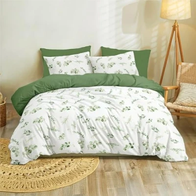 Afbeelding van Dreamzie dekbedovertrek 200x200 cm met 2 kussenslopen 80x80 cm, saliegroen botanisch patroon, beddengoedset bladmotief, tweepersoonsbedlinnen ritssluiting, Oeko TEX