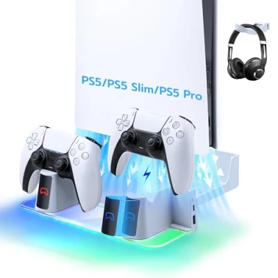 Afbeelding van Mcbazel Wandhouder PS5 Slim/PS5 Console met snellaadstation dubbele controller RGB licht voor Playstation 5/PS5 Slim Digital/Disc Wit