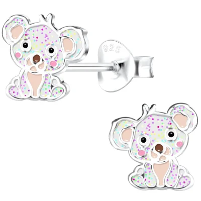 Afbeelding van JoyS Zilveren koala oorbellen 8 mm wit met glittertjes kinderoorbellen