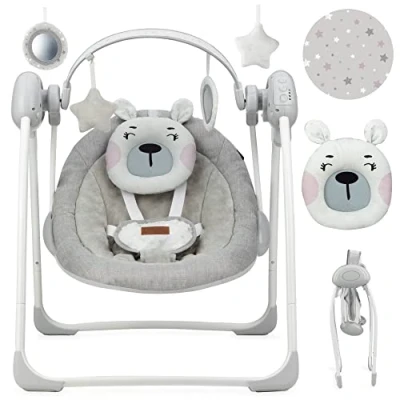 Afbeelding van Momi Liss Teddy Pink Rocker met automatische trillingsfunctie, voor kinderen tot 9 kg, 5 snelheden, het vermogen om de werktijd, stroomvoorziening of batterijen in te stellen