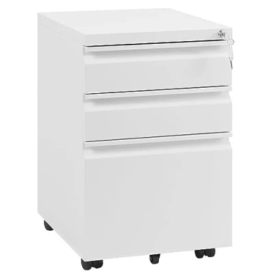 Afbeelding van WOLTU ASK03ws Rolcontainer, archiefkast, bureaukast, afsluitbare kast, container met 3 laden, bureau onderkast, hangmappenkast wielen, 39 x 62 46 cm, wit