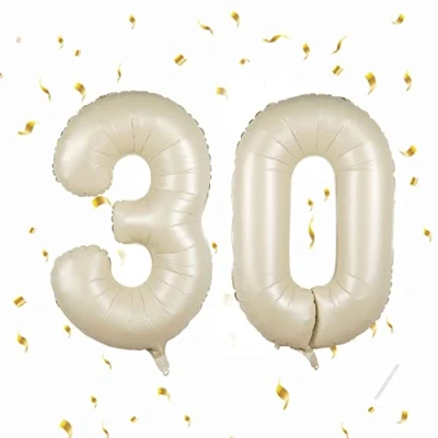 Afbeelding van Partyhausy Verjaardagsballon met cijfers, 30 jaar, beige folieballon in 40 101 cm, verjaardagsdecoratie, ballon cijferdecoratie voor verjaardag, vliegt helium mannen en vrouwen, 30e verjaardagsfeest, jubileum