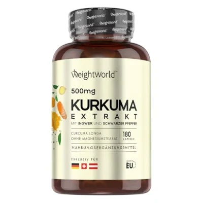 Afbeelding van kurkuma capsules 500 mg extract per portie 180 vegan voor 6 maanden voorraad Met zwarte peper en gember 100% natuurlijk Van WeightWorld