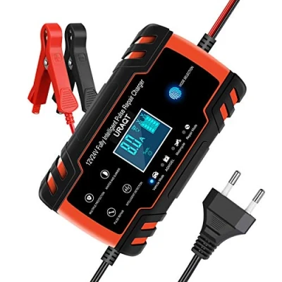 Afbeelding van URAQT Auto acculader, 8A 12V / 24V, volautomatisch, Intelligente onderhoudslader, acculader met LCD scherm, voor boot, Auto, Motorfiets, Lithium en Lood zuur Rood