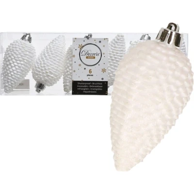 Afbeelding van Decoris Kerstballen dennenappel winter wit 6 stuks 8 cm