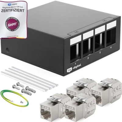 Afbeelding van HB DIGITAL Patchpaneel, 4 poorts netwerk patchveld, 1 HE + 4x CAT 8 Keystone Module RJ45 bus jack voor wandmontage compatibel met installatiekabel 5e 6 6a 7 Ethernet LAN DSL,