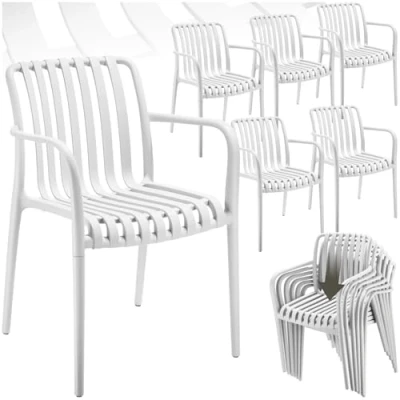 Afbeelding van tectake® Set van 6 Tuinstoelen Alcudia Wit Kunststof Stoelen met Armleuning Tuinset voor om de Tuintafel of op Camping Stapelbaar Tuin, Terras Balkon Weerbestendig en UV bestendig Draagkracht 120kg per Tuinstoel