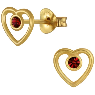 Afbeelding van JoyS Zilveren hartje oorbellen 7 mm kristal rood 14k goudplating