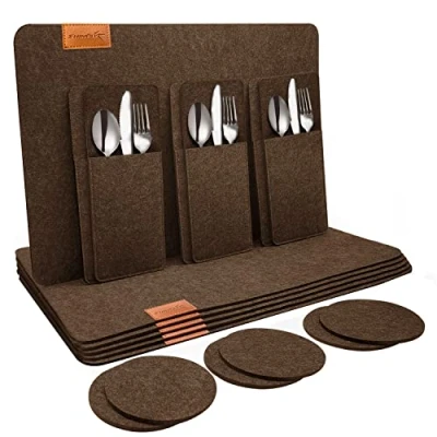 Afbeelding van Placemat vilt 18 delige set, 6 placemat, afwasbaar (44 x 32 cm), vilten onderzetters, bestekzakjes, tafelonderzetterset placemats, borden, donkerbruin