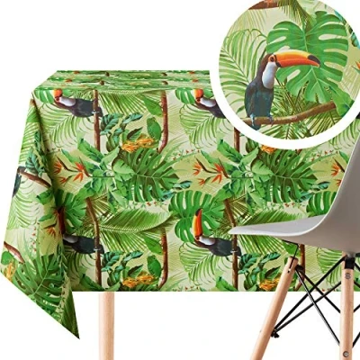 Afbeelding van KP HOME Textil Feel Tropical Jungle PVC afwasbaar tafelkleed rechthoekig 200 x 140 cm 78 55 inch 6 zitplaatsen waterdicht vinyl tafelzeil met toekan vogels en groene