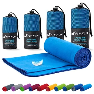 Afbeelding van Fit Flip Microvezel Handdoeken met tas reishanddoek, strandlaken en sporthanddoek ultralich, compact &amp; sneldrogend (110x50cm 1 Stuk, Blauw donkerblauwe rand)