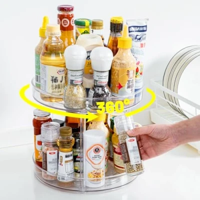 Afbeelding van Lazy Susan Koelkastorganizer, draaibare kruidenhouder, draaitafel, kast, organizer, keuken, draaibaar kruidenrek, doorzichtig, kruidenorganizer, keukenrek, twee verdiepingen, 23 cm