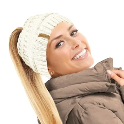Afbeelding van TOSKATOK Thermo teddy fleece gevoerde paardenstaart muts voor dames, Crème, Eén Maat