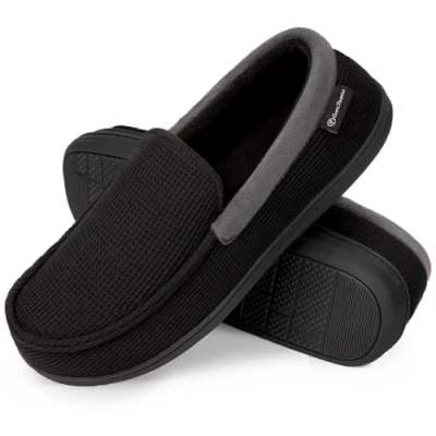 Afbeelding van EverFoams Comfort traagschuim mocassin pantoffels voor heren, ademende badstof huisschoenen met anti slip rubberen zool, Donker zwart, 43.5 EU