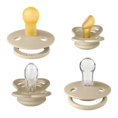 Afbeelding van BIBS Set van 4 fopspenen. Try it starterspakket, BPA vrij, ronde speen, symmetrisch en ergonomisch. Natuurlijk rubberlatex, gemaakt in Denemarken. 0+ maanden (4 stuks), vanille