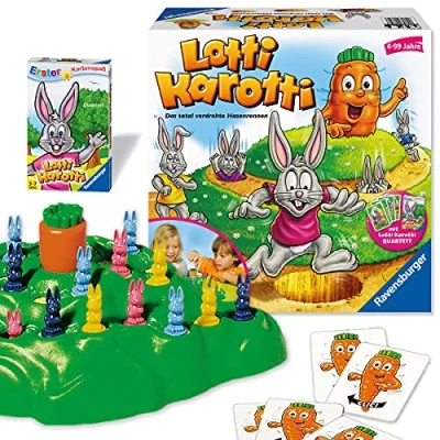 Afbeelding van Ravensburger Lotti Karotti, gezelschapsspel voor kinderen en volwassenen, 2 4 spelers, vanaf jaar, inclusief Karotti Quartet kaartspel, exclusief bij Amazon