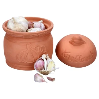 Afbeelding van MamboCat Terra Knoflookpot van terracotta, diameter 12,8 cm, aardewerk pot met deksel voor je keuken, mooi gevormde bewaardoos reliëf en belettering, ideaal lange opslag