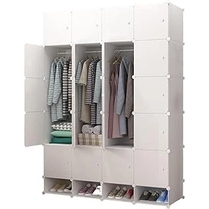 Afbeelding van Modulaire Kledingkast, Modulerek, Kledingorganisatorgarderobe voor Thuis, Opbergplank Slaapkamer, 20 Modules, 2 Staven, 192x140 cm, Wit