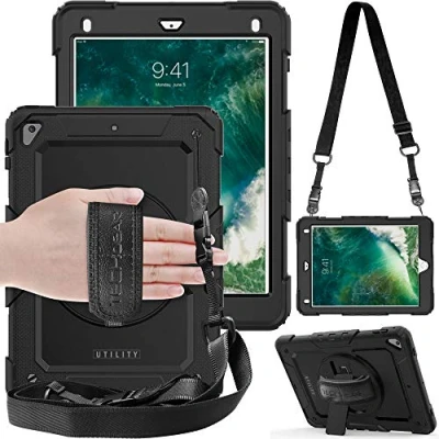Afbeelding van TECHGEAR UTILITY hoes Compatibel met iPad 9.7 2018/2017 (6e en 5e generatie) Stoere, Robuuste, Schokbestendige Hoesje 360 Roterende Stand, Handriem Schouderriem Case Zwart