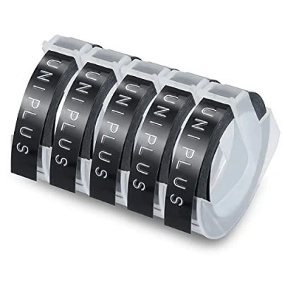 Afbeelding van UniPlus 5x Compatibele 3d Embossingtape Ter Vervanging van Dymo Embossing Embossinglabels Wit op Zwart voor Omega S0717930 Junior E 101 303 Oude Rotex Embosser Embossingapparaat, 9mm X 3m
