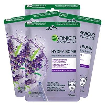 Afbeelding van Garnier skinerend hydra bom gezicht masker in super hydraterende stof ontspannende effect veganistische formule met lavendel en hyaluronzuur werking huid 4 wegwerpmaskers