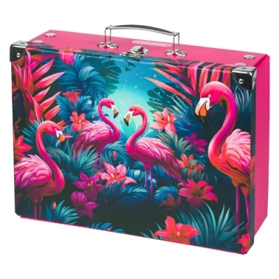Afbeelding van Baagl Kinderkoffer voor speelgoed en schoolbenodigdheden, kartonnen koffer, speelgoedkoffer, speelkoffer, opvouwbare kinderkoffer, vouwkoffer met metalen handvat, Flamingos., 32,5 x 26,0 10,5 cm