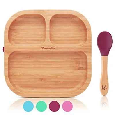 Afbeelding van bambuskind Kinderbord met zuignap kersen, incl. recepten e book, antislip babybord van bamboe lepel, kinderserviesset om te leren eten, zonder schadelijke kunststoffen