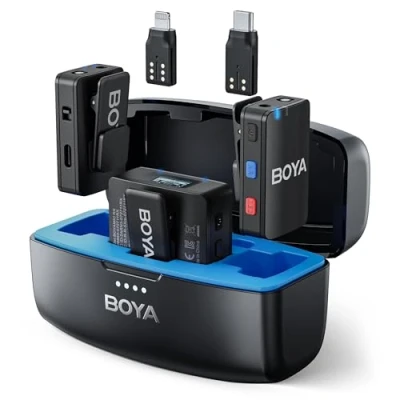 Afbeelding van BOYA Mic Draadloze Lavalier Microfoon voor iPhone Android Tablets Camera, Onboard Recording, 950ft bereik, 10 uur levensduur van de batterij met oplaadhoesje, Clip op Revers Live