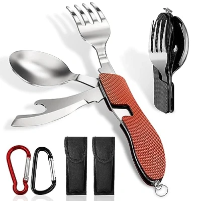 Afbeelding van ADNEWX® Campingbestek, klapbestek, roestvrij staal, 4 in 1, veldbestek, outdoor, flesopener, mes, vork, lepel, set van 2 stuks