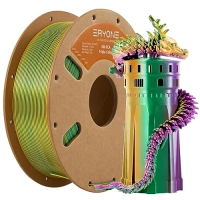 Afbeelding van ERYONE Tri Color Silk PLA Filament 1.75mm, 3D Printer +/ 0.03mm 1KG/Spool, Dark Gr¨¹n Lila Gelb