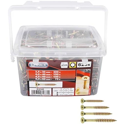 Afbeelding van Connex Universele schroeven, assortiment, 625 delig, diverse maten, verzonken kop, TX aandrijving, volledige en gedeeltelijke schroefdraad, geel verzinkt, schroefset, schroefemmer, B30048,