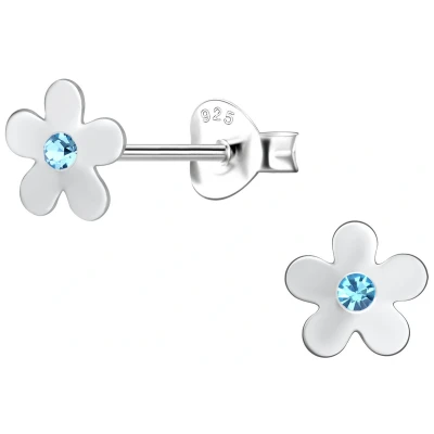 Afbeelding van JoyS Zilveren bloemetje oorbellen zilver egaal gepolijst 6 mm blauw kristal bloem sterling 925