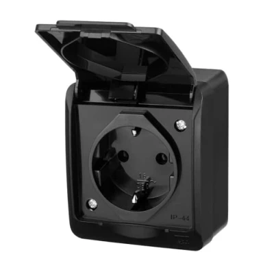 Afbeelding van asvendo elektro HERMES moderne opbouwserie/lichtschakelaar/dubbele schakelaar/stopcontact meervoudig / IP44 waterdicht/buiten/zwart (1 voudig stekker)