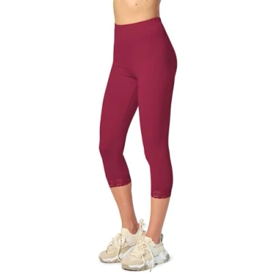 Afbeelding van Merry Style MS MS10 290 LE Dames Capri Leggings Sport Vrijetijdsbroek 3/4 Lengte met Kant Viscose Sporbroek Yogabroek Wijnrood XXL