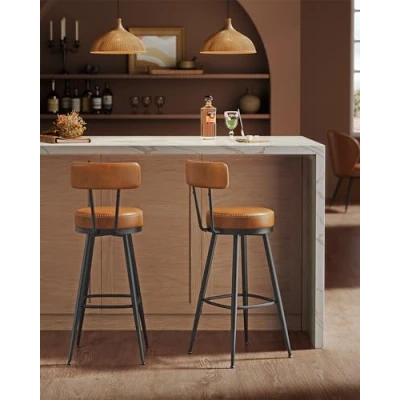 Afbeelding van VASAGLE EKHO Collectie Barkruk set van 2, draaibare barstoel met rugleuning, kunstleer, naden, Mid Century moderne stijl, 76 cm hoog, keuken, huisbar, karamelbruin LBC889K01