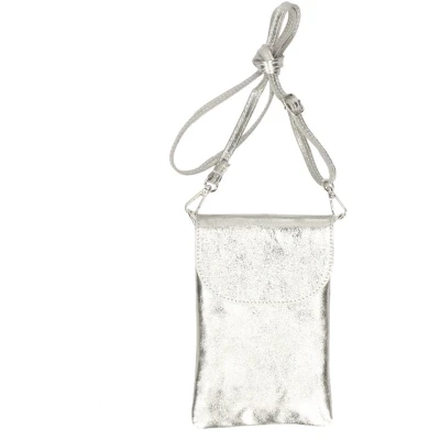 Afbeelding van Zilveren Leren Schoudertas Theresa Italiaans Leder Schoudertassen Leer Telefoonvak Trendy Tassen Zilver