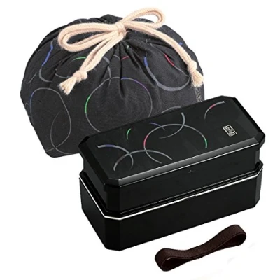 Afbeelding van OSK PW 6 + KB 1 Japanse Bento Box Lunchbox Wave Black 320 400 ml, met eetstokjes en draagtas