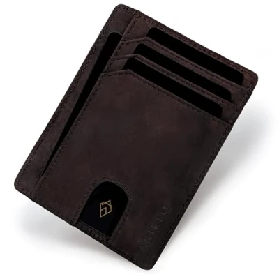 Afbeelding van AKIELO RFID Blokkerende Creditcardhouder en Geschenkdoos Ultra Dunne Portemonnee voor Heren Minimalistische Kaart (BRAVO Donkere Mokka Editie)